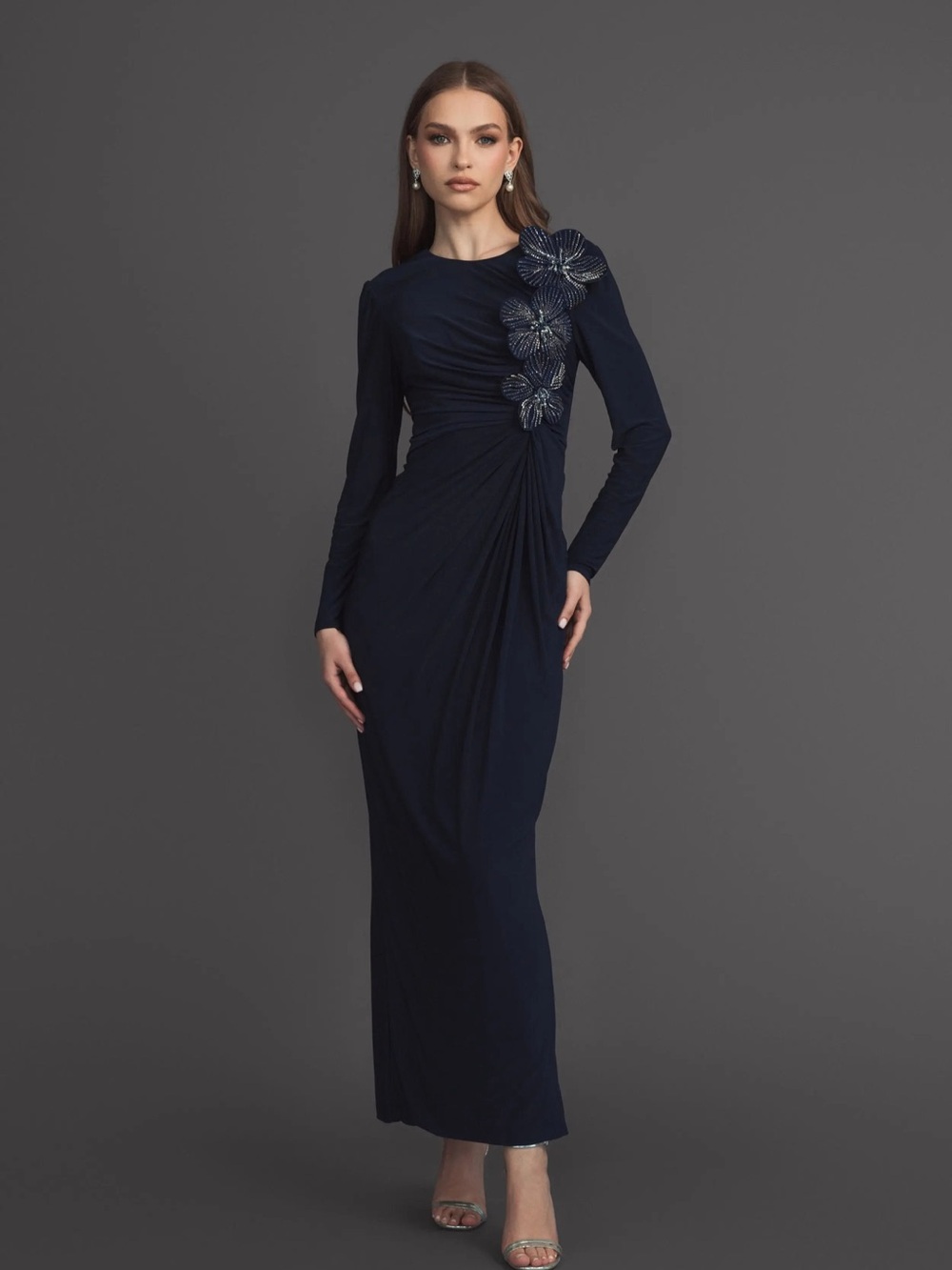 MAC DUGGAL Navy Jersey Long Sleeve Fitted Gown With 3D Flowers